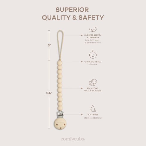 Comfy Cubs Pacifier Clips - 100% Food Grade Silicone, BPA & PVC Free | Lightweight & Flexible - Beige & Light Beige, 2 Pack