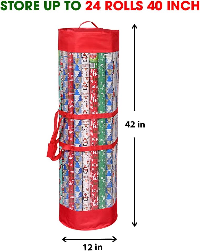 ProPik Gift Wrap Organizer - Heavy-Duty Wrapping Paper Storage Bag | Holds 24 Rolls, 40 Inch Long, Red & Clear