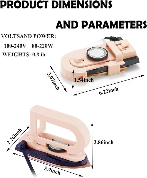 Dual Voltage Travel Iron - Mini 3-Temp Steamless Dry Iron with Non-Stick Soleplate | Ultra-Lightweight 0.8lb (Pink)
