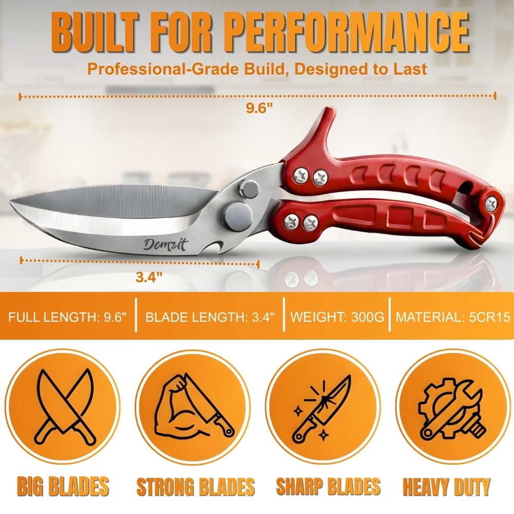 Heavy Duty Poultry Shears - A Must Have chicken processing equipment, Kitchen Scissors for Meat, Chicken, Turkey, and Vegetables - Non-Slip Handle, Safety Lock, Dishwasher Safe