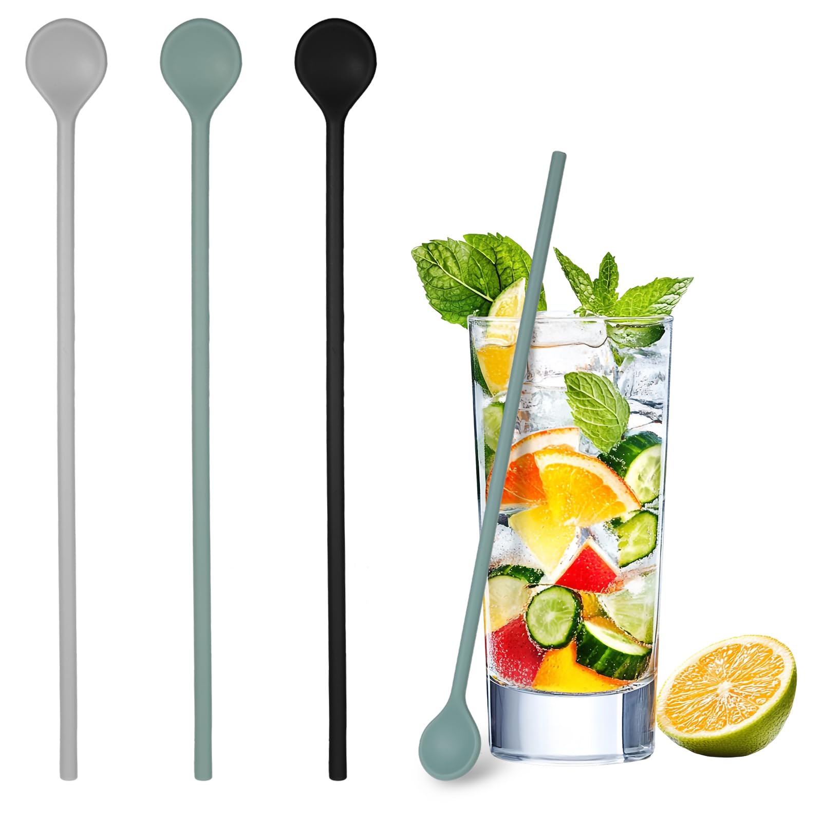 Shimmeroo 3Pcs Silicone Long Spoons for Stirring,Drink Stirrer Coffee Stir Spoons Long Stirring Silicone Spoon Reusable Cocktail Coffee Stirrers for Home Bar 9.9"