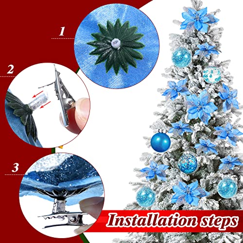 Blue Christmas Tree Decoration Set with Tree Topper Bow and Ornaments - 49 Pieces