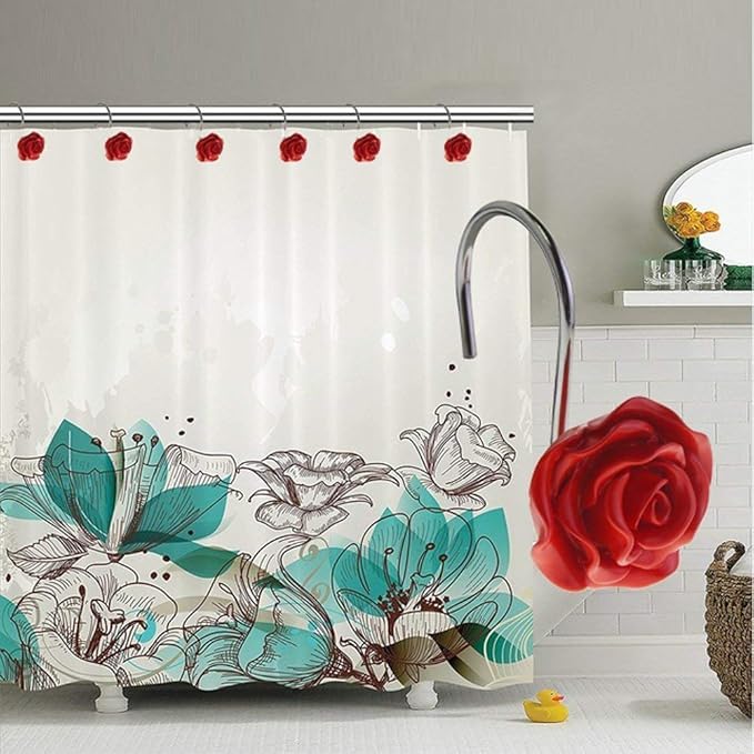 Red Rose Shower Curtain Hooks 12 pcs - Decorative Rust-Resistant Bathroom Rings