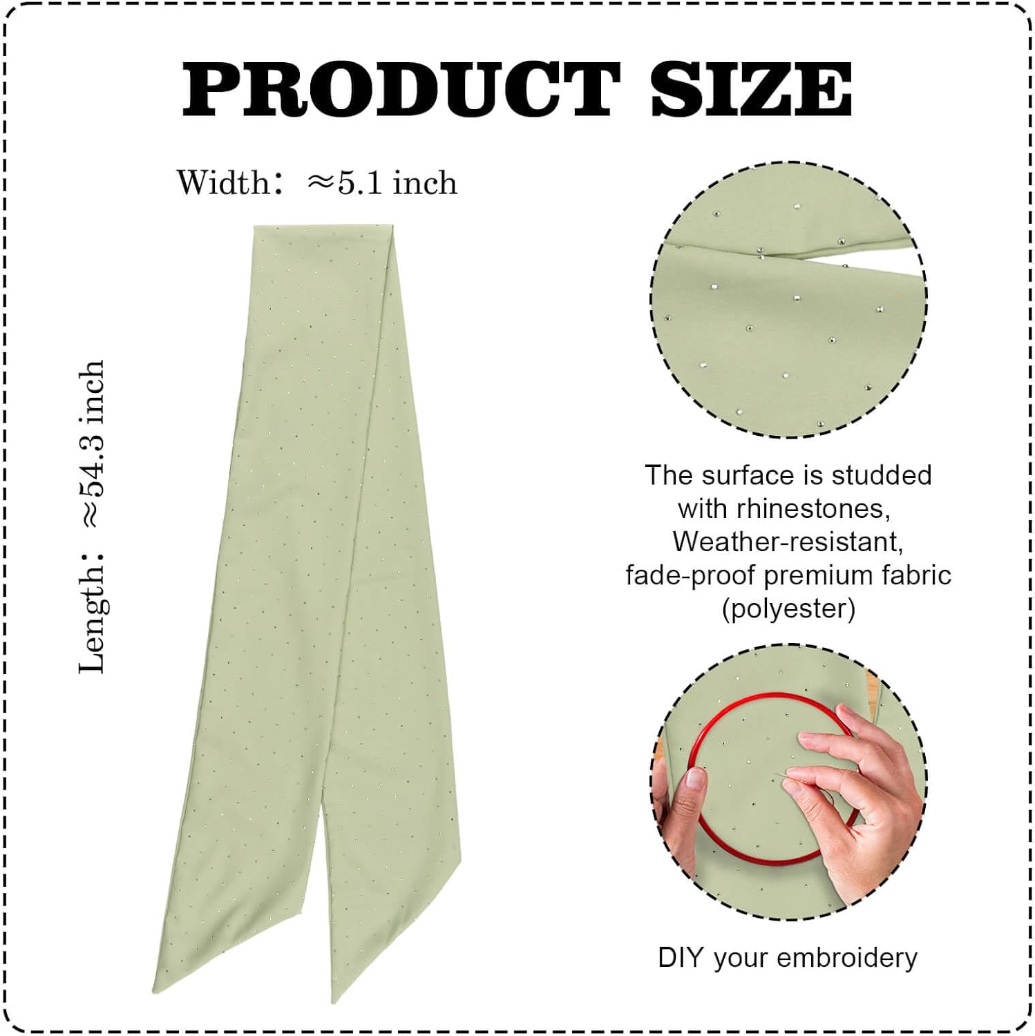 YKW Sage Green Rhinestone Wreath Sash - 54x5 Inch Sparkle Ribbon for Holiday Decor