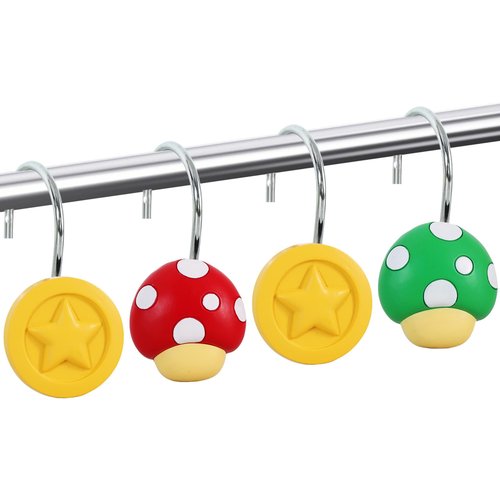CTOHN 12PCS Mushroom Coin Shower Curtain Hooks Rings, Red Green Yellow Decorative Shower Hangers for Bathroom Decor