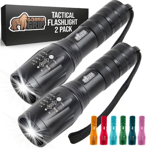 GORILLA GRIP LED Tactical Flashlight - 750 FT High Lumens, 5 Adjustable Modes, Water Resistant | 2 Pack Black
