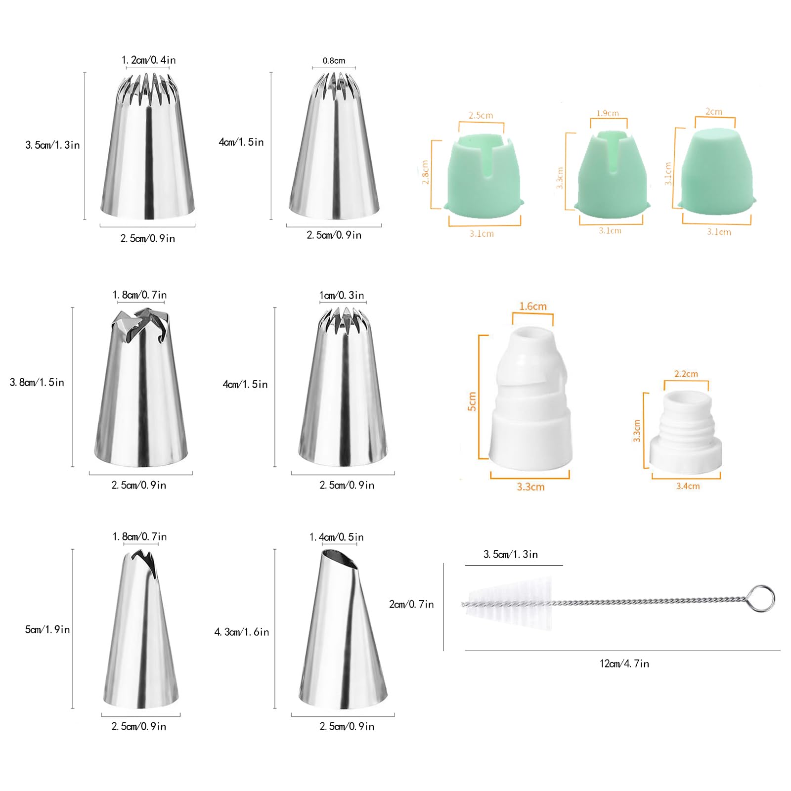 18Pcs Large Piping Tips and Couplers Set for Piping Bgs, Stainless Steel Cake Decorating Piping Tips for Cupcake Puff Cookie - 2Pcs Cleaning Brush