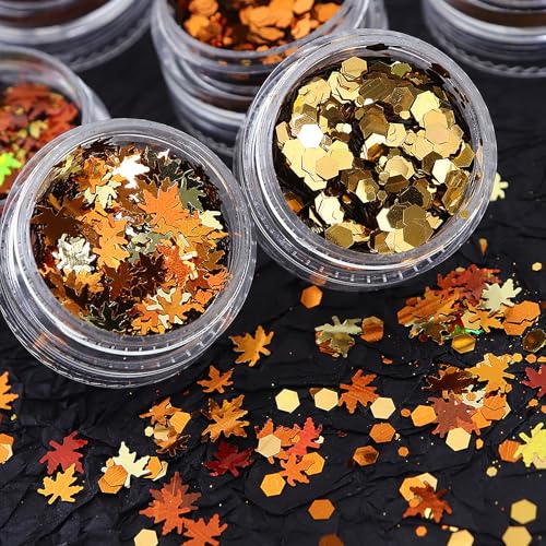 SARATA 6-Grid Maple Leaf Nail Art Glitter Sequins Fall Acrylic Nails Decor