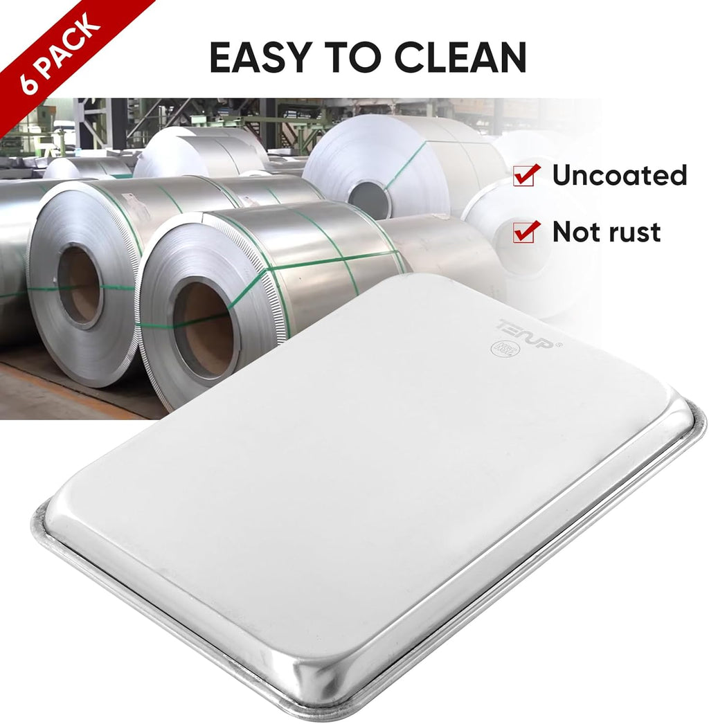 TENUP Aluminum Quarter Sheet Pan Set - 6 Pack Heavy Duty Baking Trays, 13" x 9", Warp-Resistant & Rust-Free