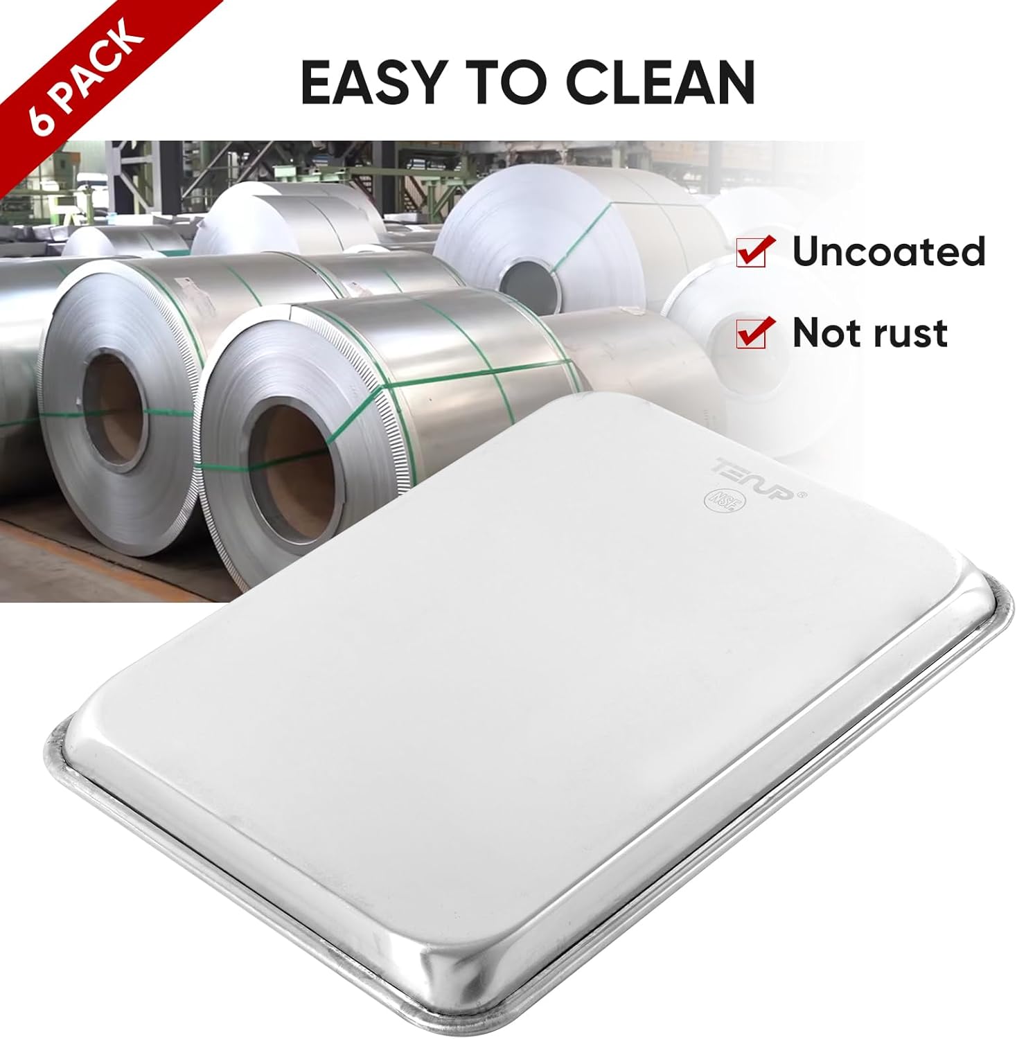 TENUP Aluminum Quarter Sheet Pan Set - 6 Pack Heavy Duty Baking Trays, 13" x 9", Warp-Resistant & Rust-Free