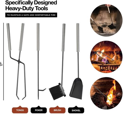 HOME IT Firewood Rack - 2-Tier Indoor/Outdoor Log Holder with Fireplace Tools Set | Waterproof Steel, Black - 17x12x29
