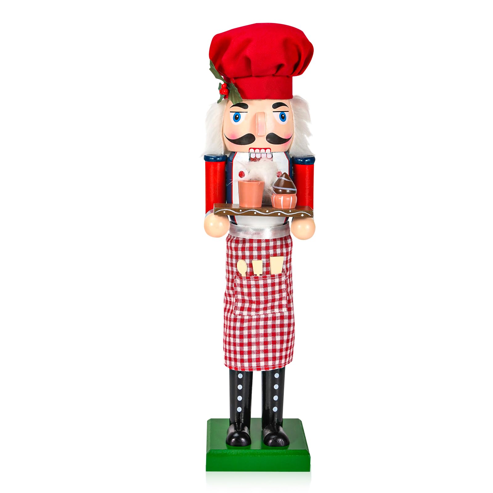 WODICY Christmas Nutcracker Décor Figures, 15 inches Chef Wooden Nutcracker Ornaments with Cup Cake and Chef hat for Kitchen Shelves Tabletop Festival Decorations Gift