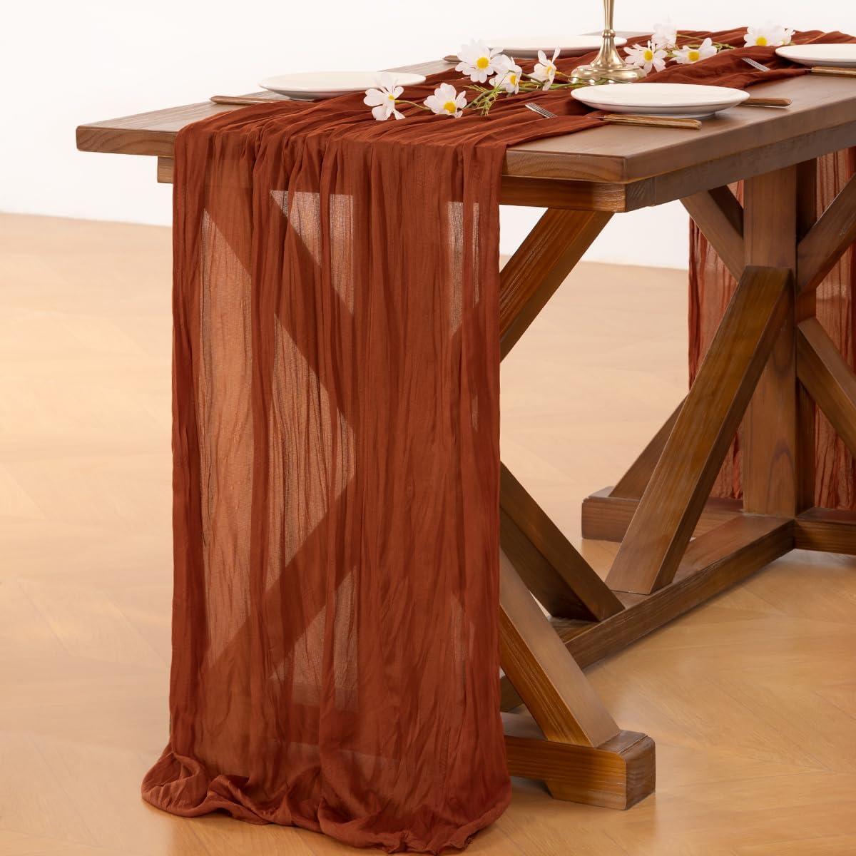 Socomi Cheesecloth Table Runner - 3pcs Boho Rustic Terracotta 120 Inch for Weddings & Events