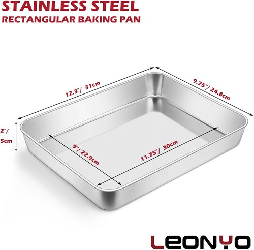 Leonyo Stainless Steel Baking Pans - Nonstick Heavy Duty Set of 2 | Deep Rectangular 12⅓ x 9¾ x 2 Inch Bakeware