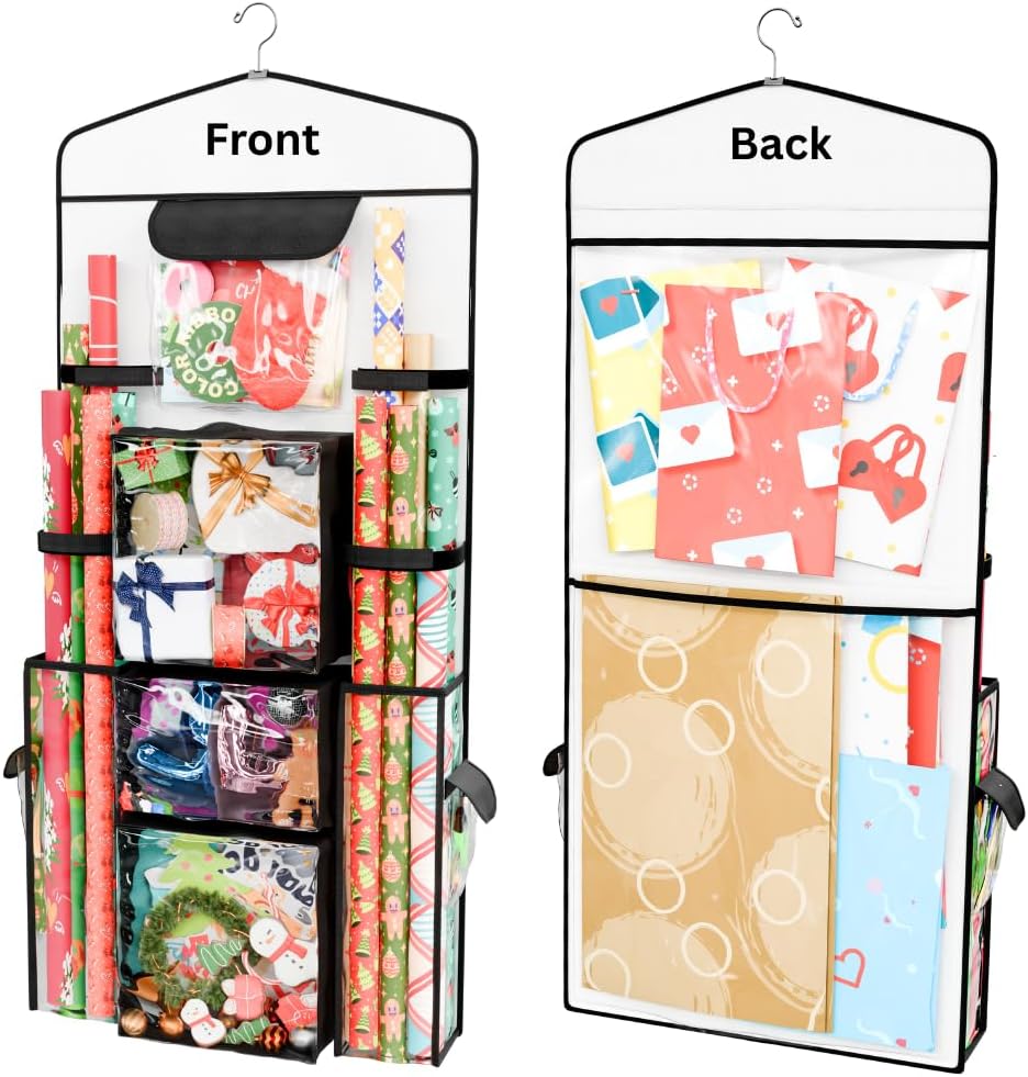 ProPik Gift Wrap Organizer - Double-Sided Wrapping Paper Storage with Multiple Pockets | 40”x17” (Black)