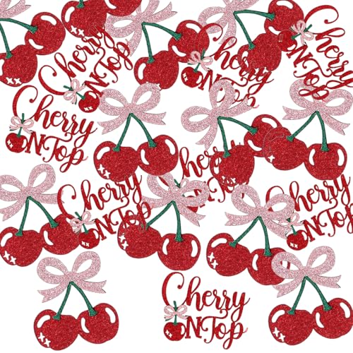 24 Pcs Cherry Cupcake Toppers Glitter Sweet Cherry Cake Decorations
