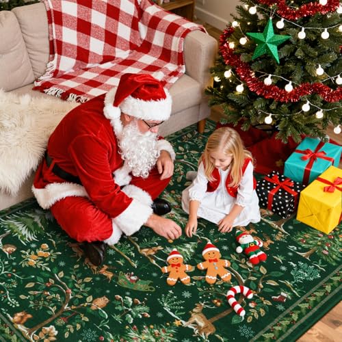 LIVEBOX Christmas 5x7 Green Area Rug - Holiday Tree & Santa Print, Washable Non-Slip Home Decor