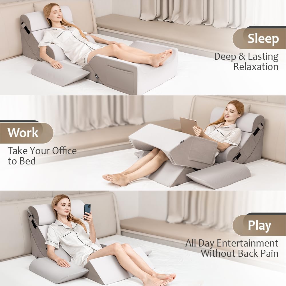 Skiennix 9PCS Orthopedic Bed Wedge Pillow Set - Adjustable Memory Foam for Back & Leg Pain Relief | Ideal for Surgery Recovery & GERD