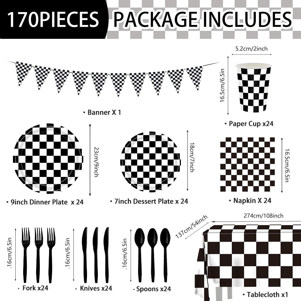170 Pcs Race Car Birthday Party Decorations Black and White Checkered Plates and Napkins, Checkered Party Supplies Serves 24