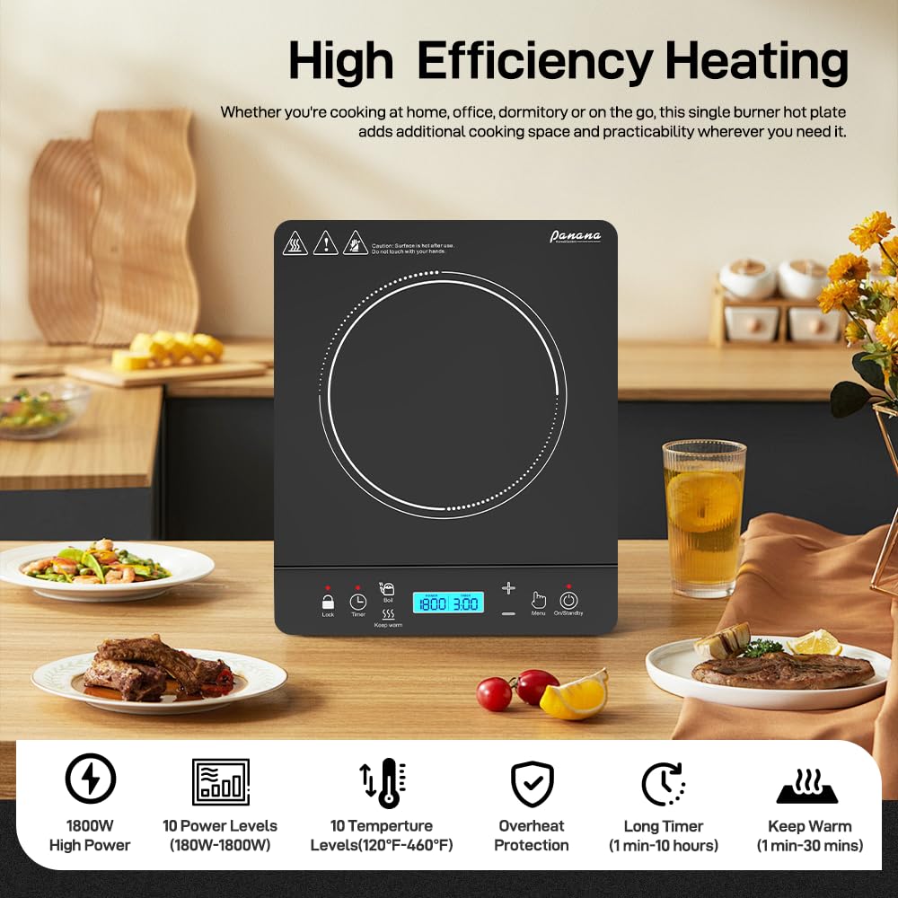 Panana Portable Induction Cooktop, 1800 Watts Induction Burner with LCD Sensor Touch, Induction Hot Plate with Safety Shutoff Function for Cooking, Single (BLUE LCD Dispaly - Silver)