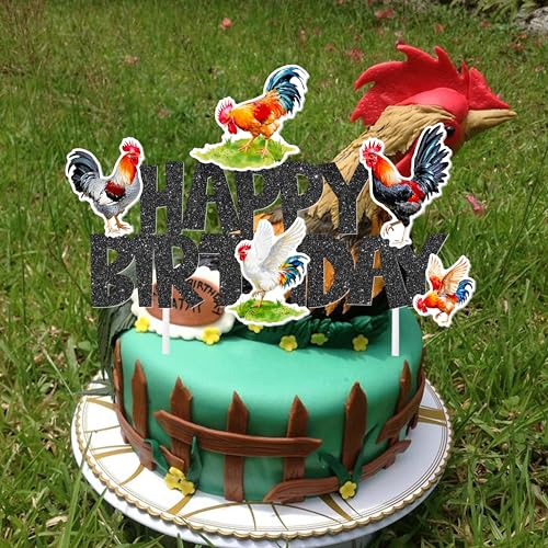 Rooster Birthday Cake Topper with Black Glitter 'Happy Birthday'