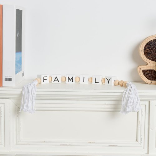 Family Letter Block Wood Bead Garland with Tassels, Farmhouse Decorative Beads, Modern Wooden Beads Garland for Tabletop, Tiered Tray, Mantel, Family Decor