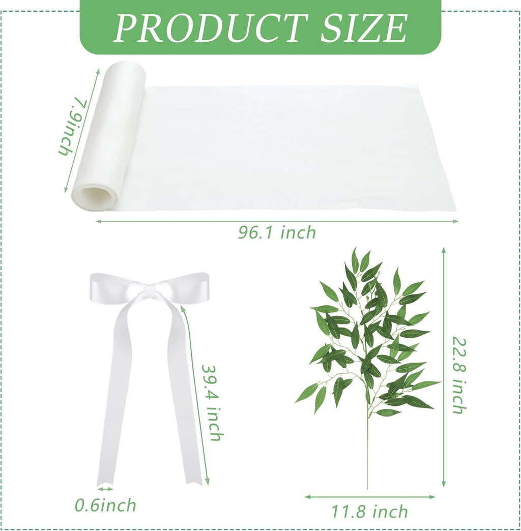 VitalCozy Wedding Aisle Chair Decorations - 12 Sets of White Sashes with Artificial Ruscus & Chiffon for Ceremonies
