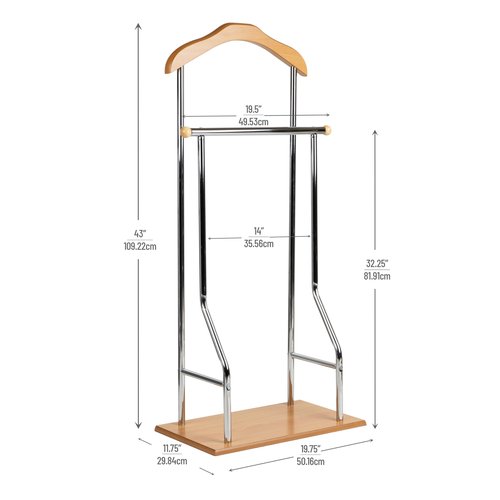 Mind Reader Valet Stand, Clothes Rack, Clothing Organizer, Jacket Hanger, Metal, Wood, 19.75"L x 11.75"W x 43"H, Silver