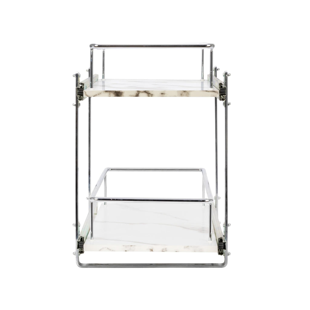 Household Essentials Glidez Chrome-Plated Steel and Faux Marble 2-Tier Pull-Out/Slide-Out Storage Organizer, 11.25" Wide, White and Chrome