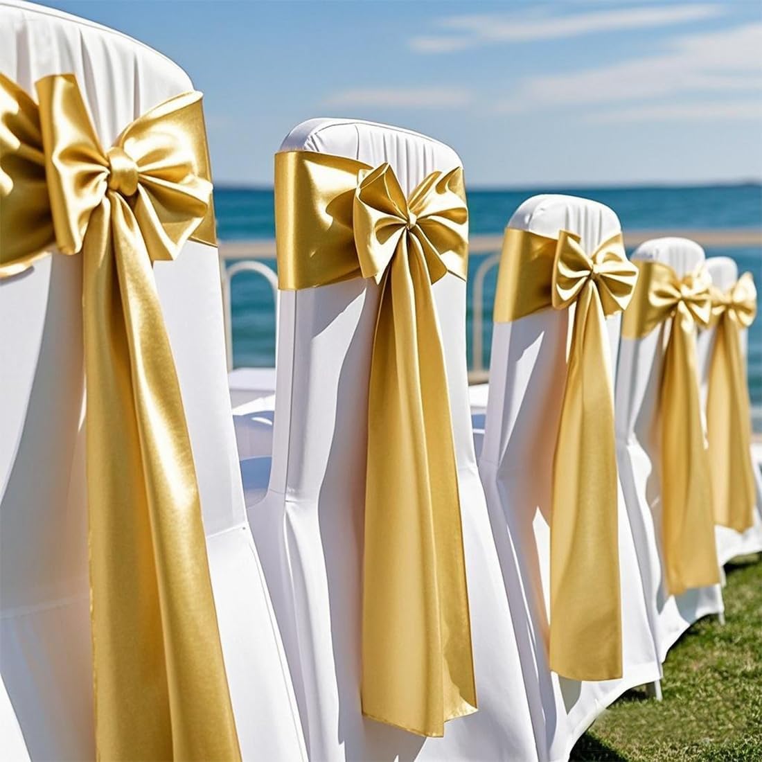 Skiennix Satin Chair Sashes Bows - 7x108 Inch Gold Ties for Weddings, Parties & Events | 50 Pack