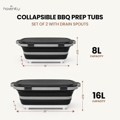 Havenity BBQ Prep Tub 2 Pack (8L+16L) - Multifunctional Collapsible Camping Cutting Board with Upgraded Locking lid, Meal Prep Meat Storage Container Perfect for Grilling, Outdoor Cooking (Large + XL)