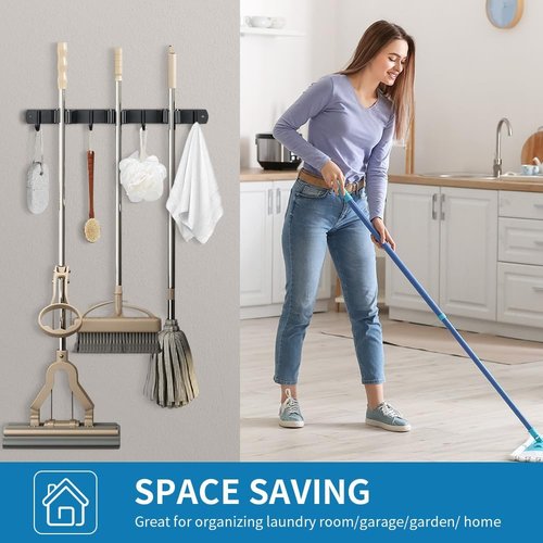Heavy Duty Broom Hanger & Mop Holder by [Brand Name] - Stainless Steel Wall-Mounted Organizer Rack | 2 Pack, Matte Black