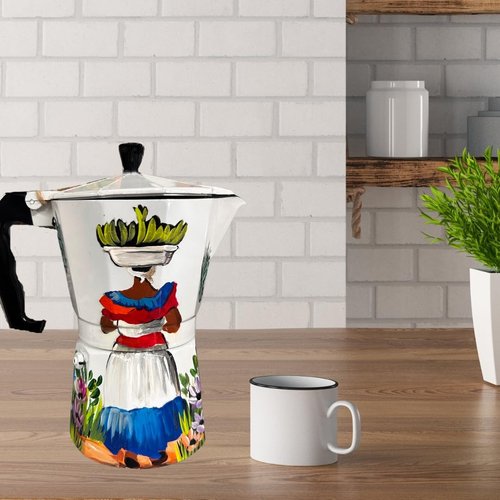 Handcrafted Dominican Aluminum Coffee Pot – 6-Cup Greca with Beach, Countryside, Cayenas, and Iconic Dominican Designs (Country woman)
