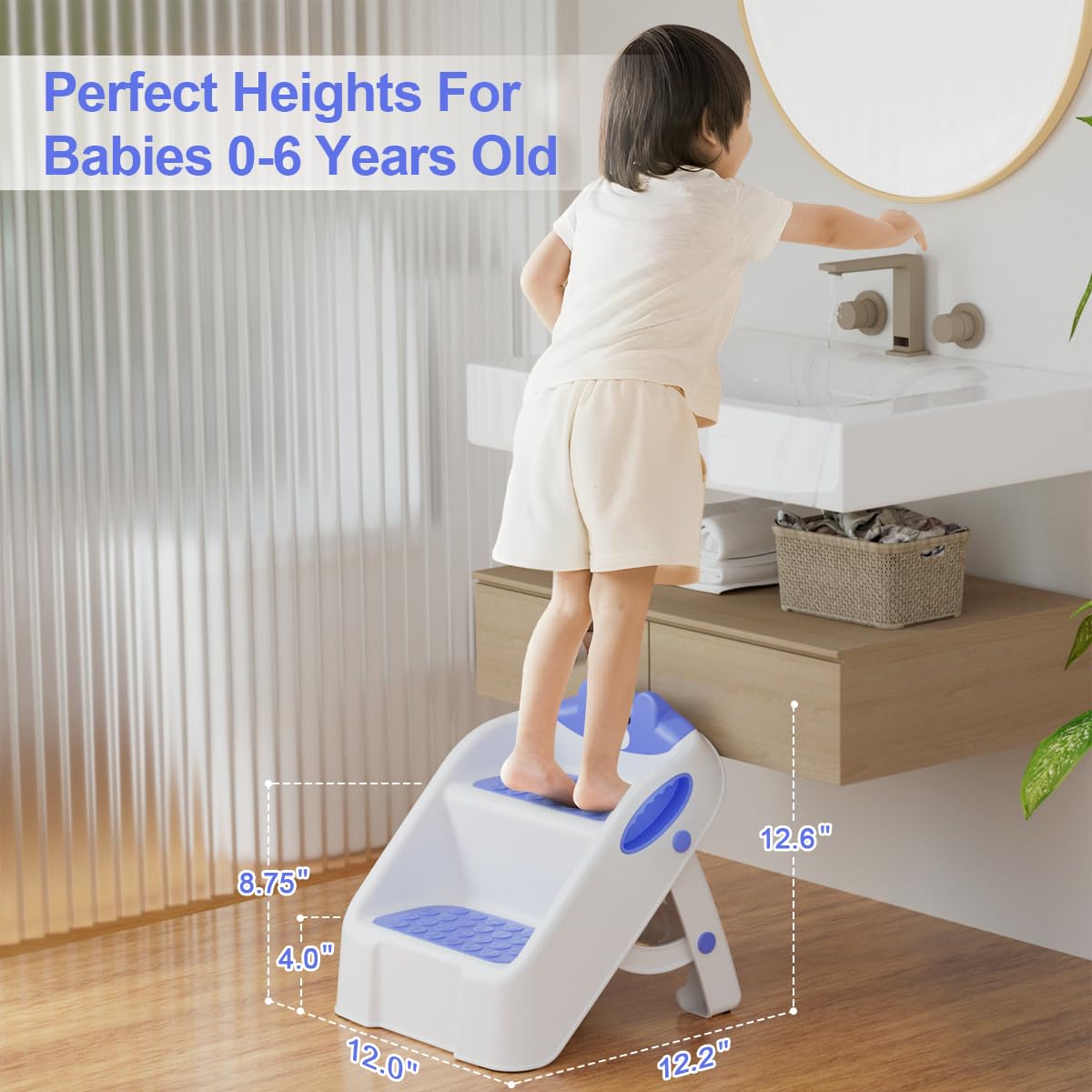 Toddler Step Stool for Bathroom Sink, 2 Step Stools for Kids, Kids Step Stool with Safety Non-Slip Pads and Handles, Foldble Kids Stool, Toddler Stool for Kitchen Toilet Counter Bed (Blue)