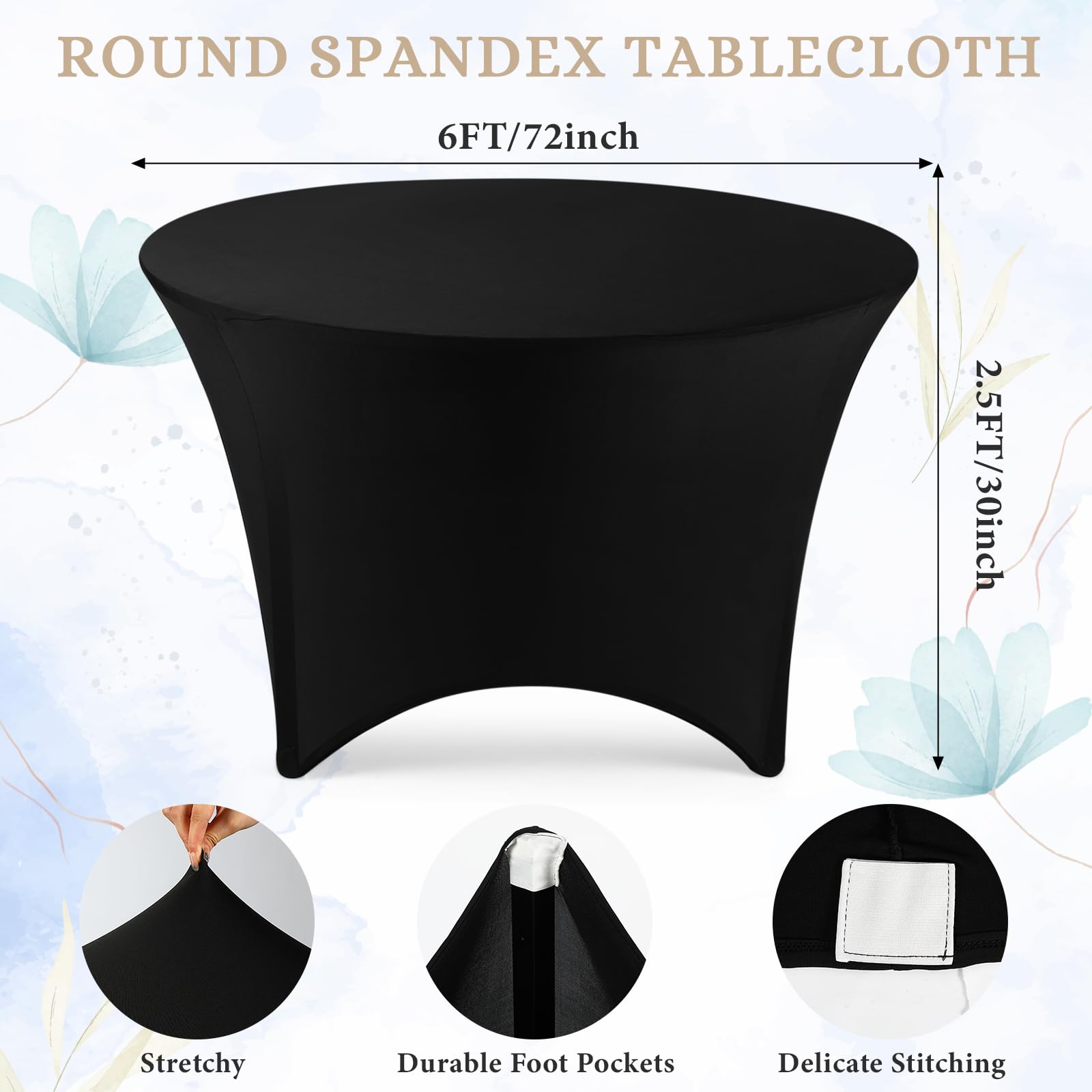 Preboun 8 Pack 72 Inch/ 6 FT Spandex Round Tablecloth Fitted Stretch Tablecloth Elastic Table Cover for Wedding Party Restaurant Banquet Cocktail and Halloween(Black)