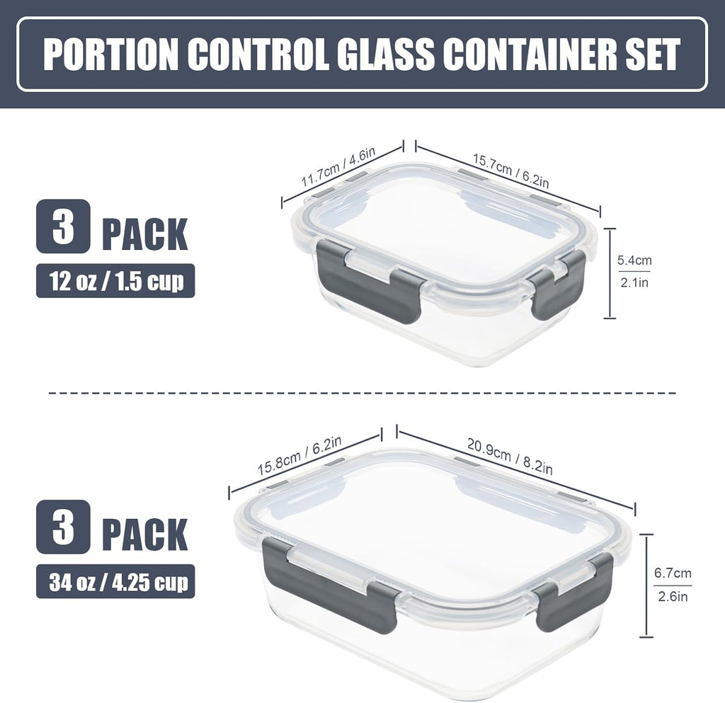 Skiennix 6 Pack Glass Food Storage Containers - Airtight Meal Prep Containers for Lunch & Leftovers, BPA Free (Grey)