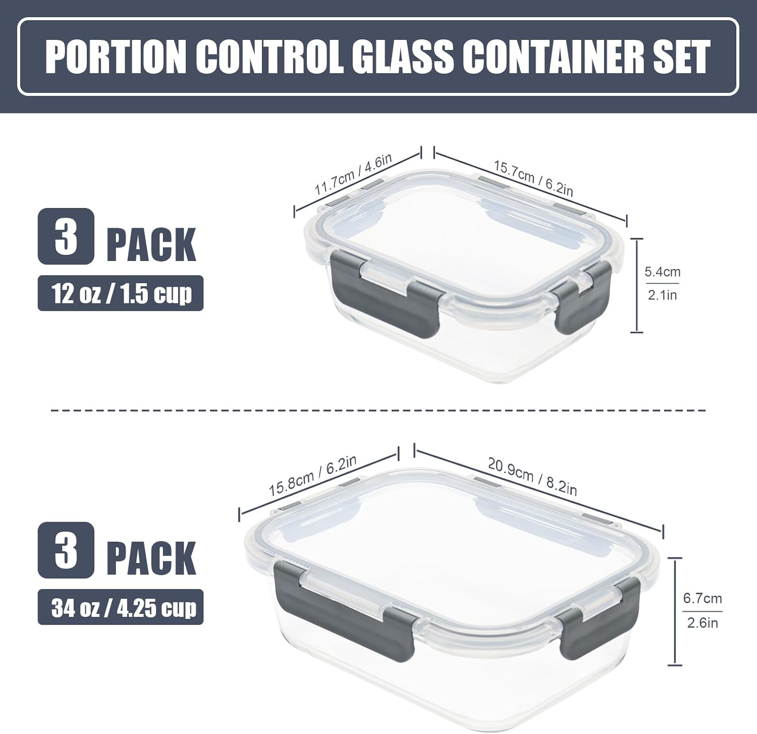 Skiennix 6 Pack Glass Food Storage Containers - Airtight Meal Prep Containers for Lunch & Leftovers, BPA Free (Grey)