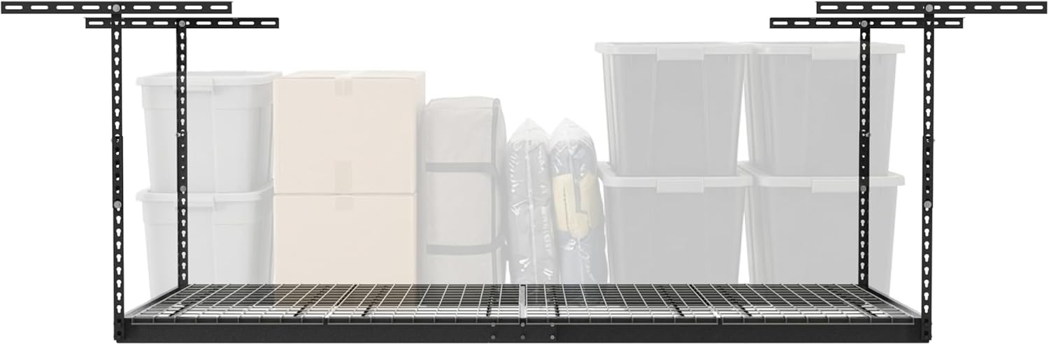 MonsterRax Overhead Garage Storage Rack - 4x8 Ceiling Shelving System with Adjustable Height 24"-45" - Grey