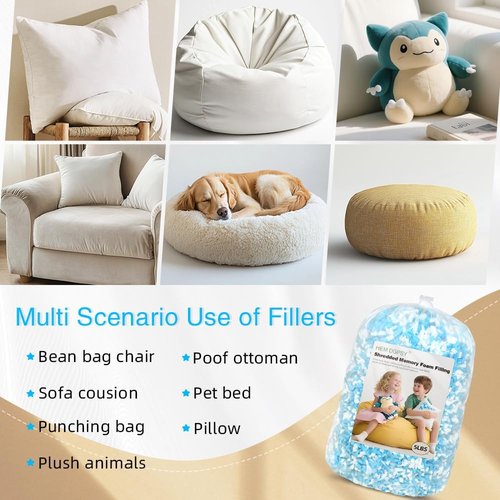 Hem Dgpsy Shredded Memory Foam Filling - Premium Soft Bean Bag Filler, 5lbs Blue & White Pillow Stuffing for Couch Cushion, Dog Bed, Chair - High Density, No Chemical Smell, Easy to Use
