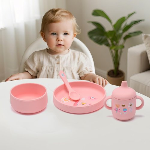 Imagination Junction silicone baby feeding set, Baby Led Weaning Supplies，Cutlery Feeding Supplies, Baby Utensils Feeding Essentials for Starting Solids，5 Piece Set (pink)