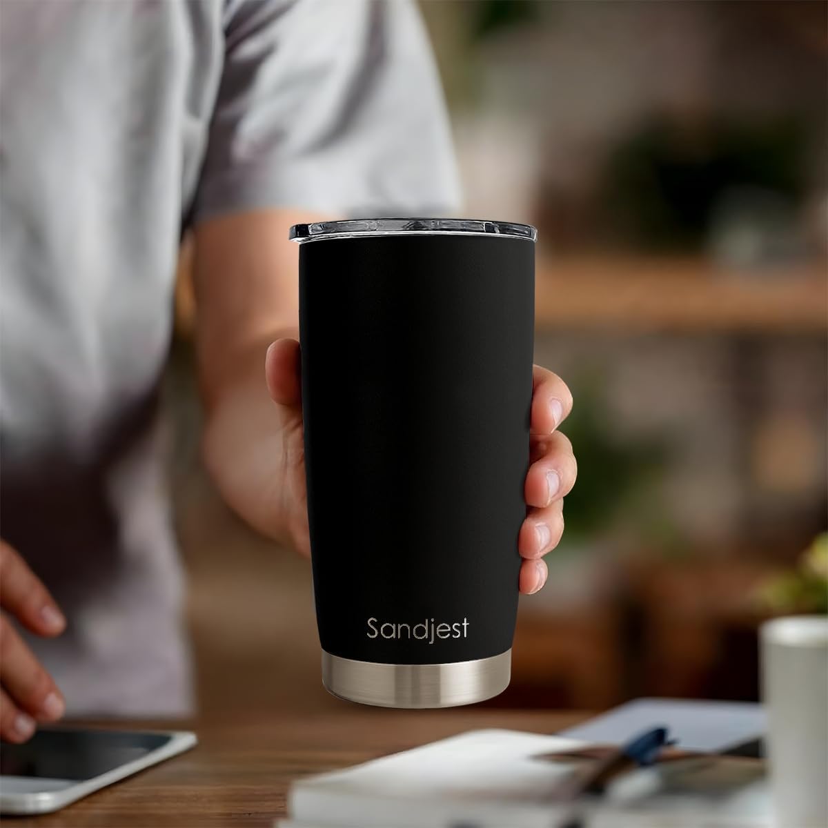 SANDJEST 20oz Black Stainless Steel Tumbler - Double Wall Vacuum Insulated Travel Coffee Cup