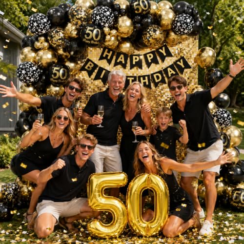 Black and Gold 50th Birthday Decorations Kit - 154pcs with Banner & Balloons