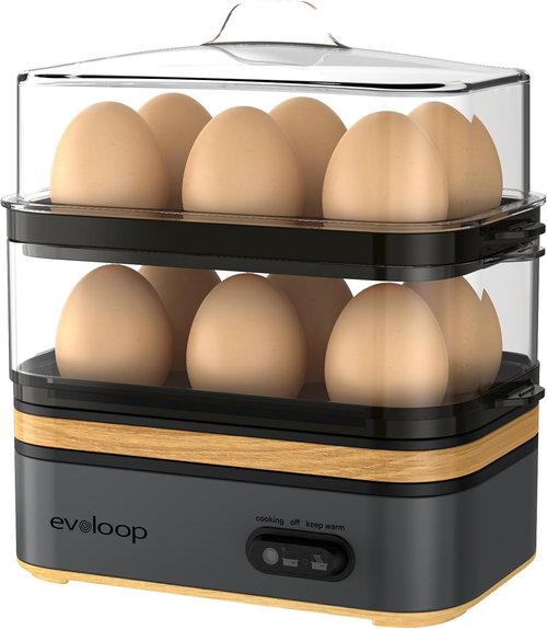 Evoloop Rapid Egg Cooker - Electric 12-Egg Capacity | Soft, Medium, Hard Boiled & Poached Eggs, BPA-Free Tray (Grey)