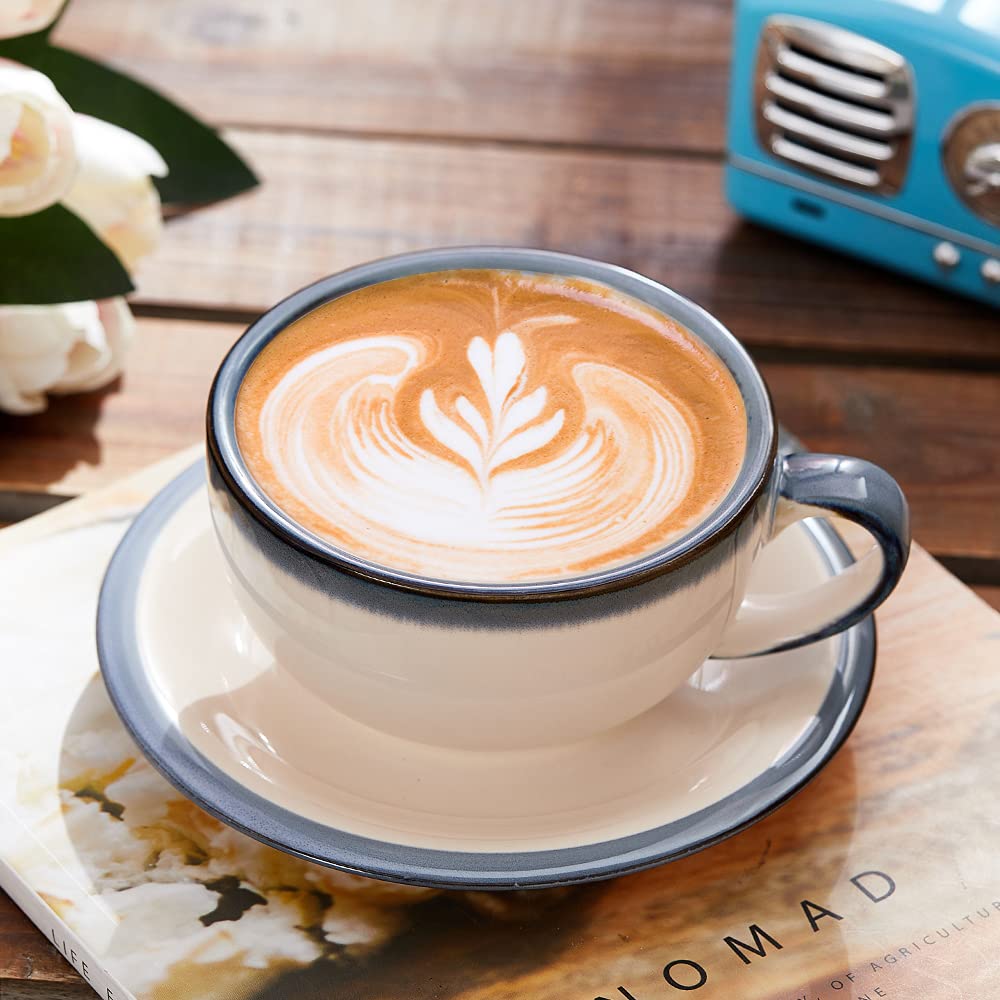 Coffeezone Vintage Design 12 oz Ceramic Latte Art Cappuccino Barista Cup with Saucer (Fog Grey)