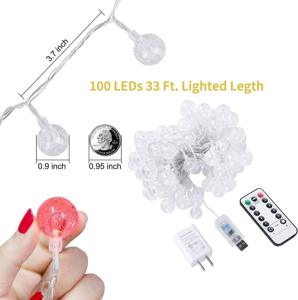 Minetom Crystal Globe String Lights - 33 Ft 100 LED Waterproof Fairy Lights with Remote & Timer | Warm White Decor