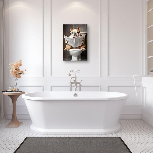 CCWACPP Bulldog Bathroom Wall Art - Funny Animal Canvas Print Reading Newspaper | Framed 12" x 18"