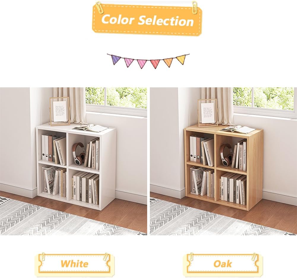NELYE 4 Cube Organizer Bookcase - Stylish White Fabric Storage Bins with Open Shelves