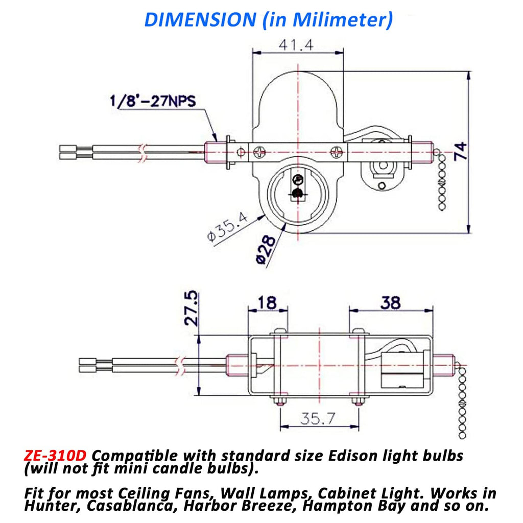 Ceiling Fan Switch ZE-310D Light Socket Pull Chain Switch, Compatible with Hunter Fan, Ceiling Fan Lamp Light, Lamp Holder E95014-Bronze Chain