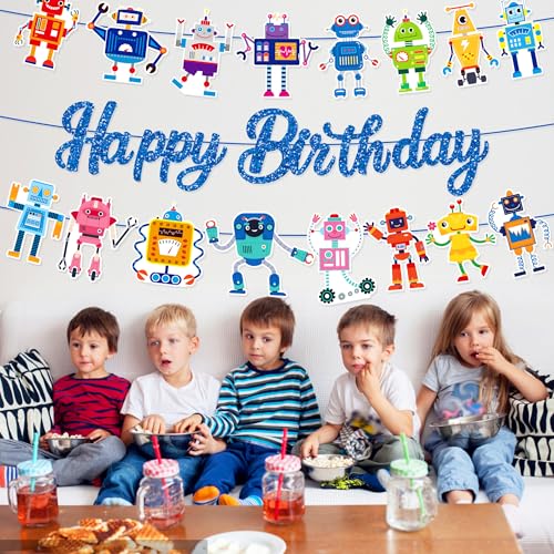 Cartoon Robot Happy Birthday Banner Set - 3Pcs Party Decoration