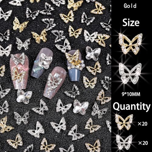 ZUMILLMN 40pcs 3D Butterfly Nail Charms Crystal Rhinestone Metal Alloy Decor